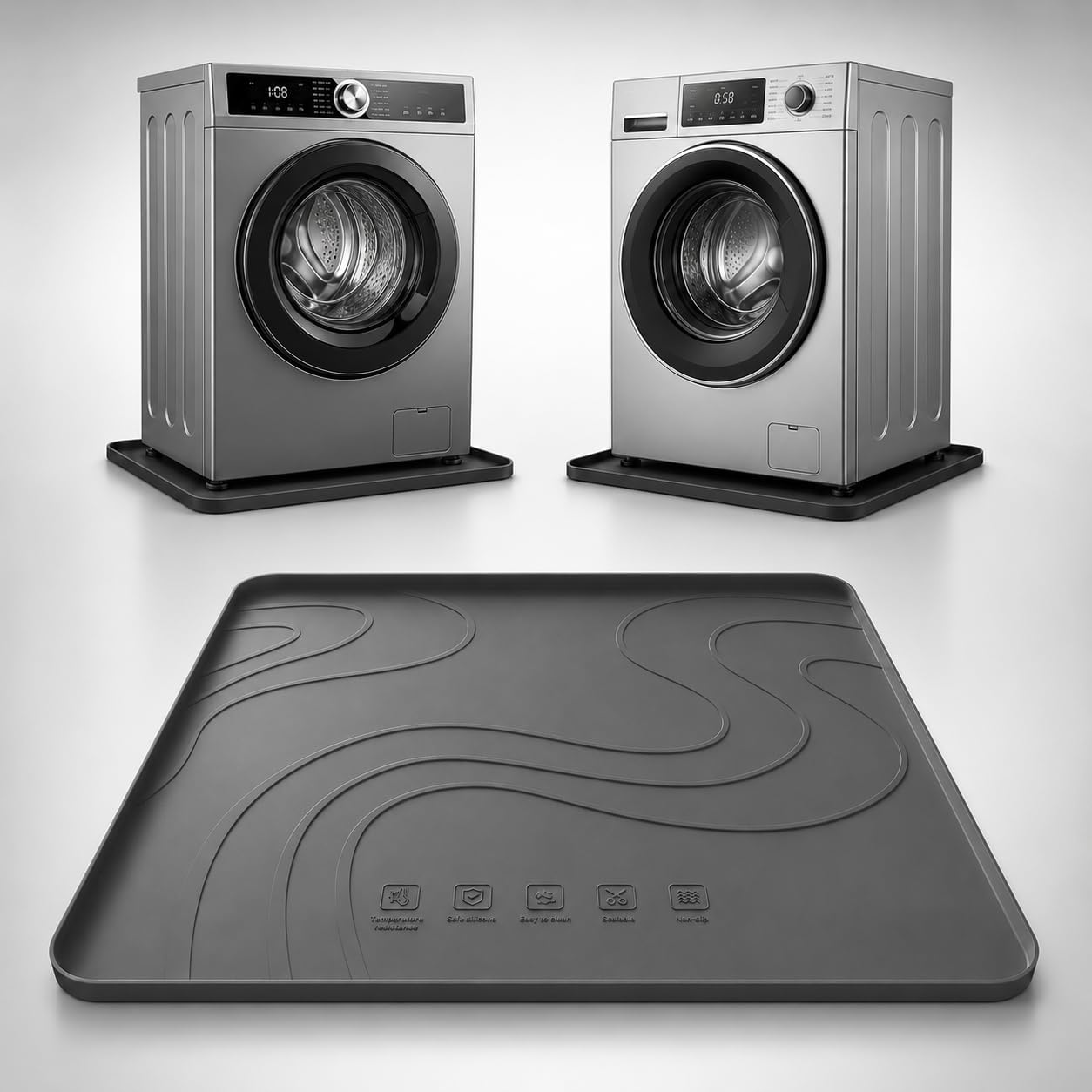 30 x 28 Inch Silicone Washing Machine Drain Pan, 0.6-Inch Raised Edge Washer Drip Tray, Waterproof Non-Slip Washer Dryer Mat for Floor Protection, Fits Standard and Large Washers, grey