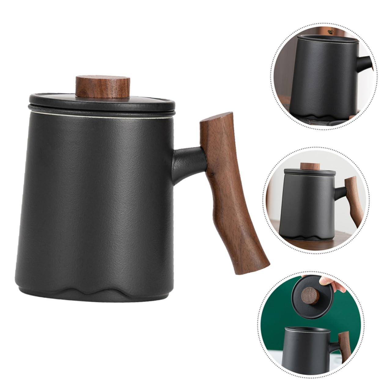 Keramik Teebecher 360ml Schwarz und Filter mit Holzgriff