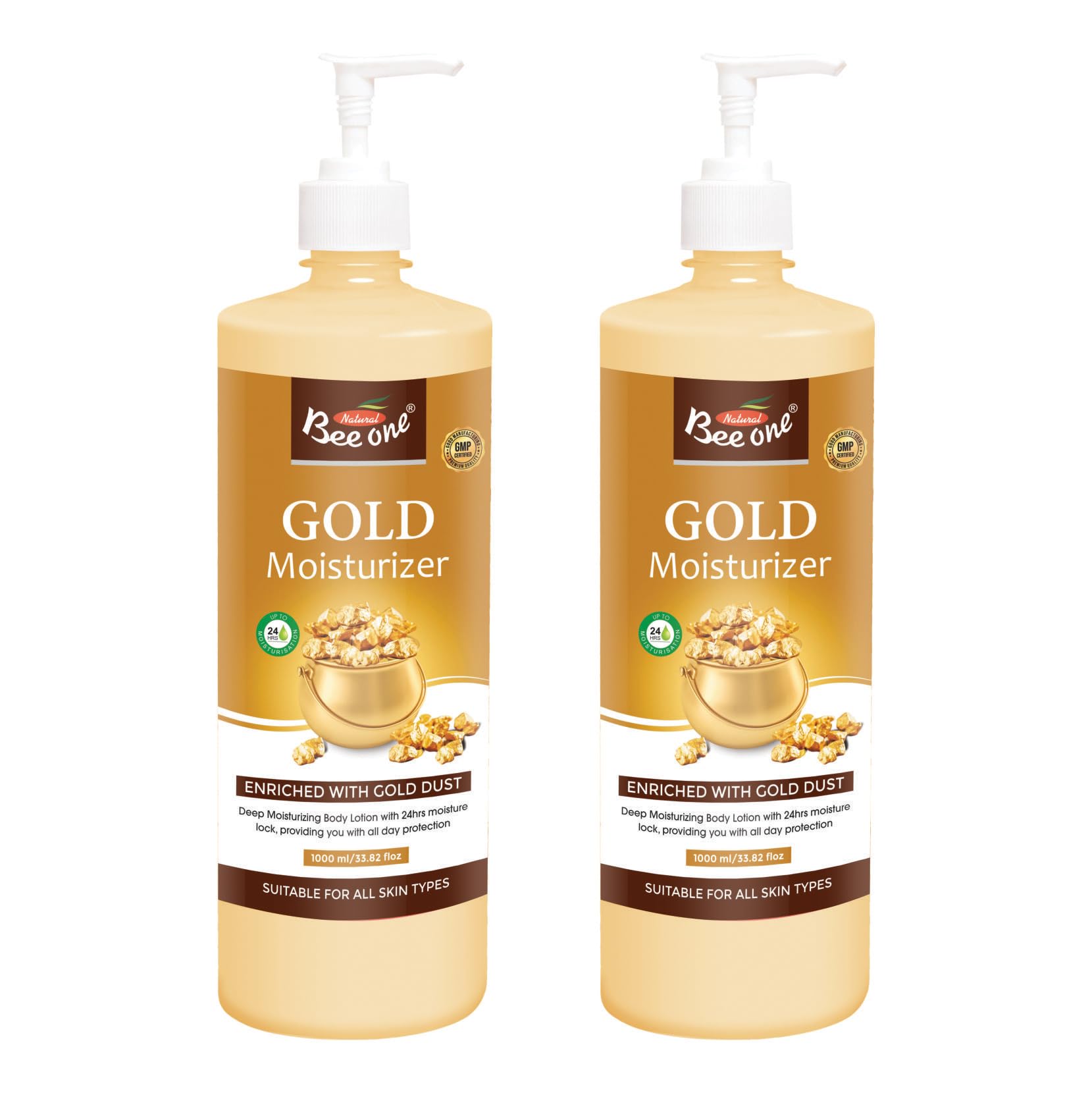 Bee One 24 hr Moisture Lock Body Lotion, for Soft and Supple Skin(Pack of 2) | 1000ml x 2= 2000ml (Gold)