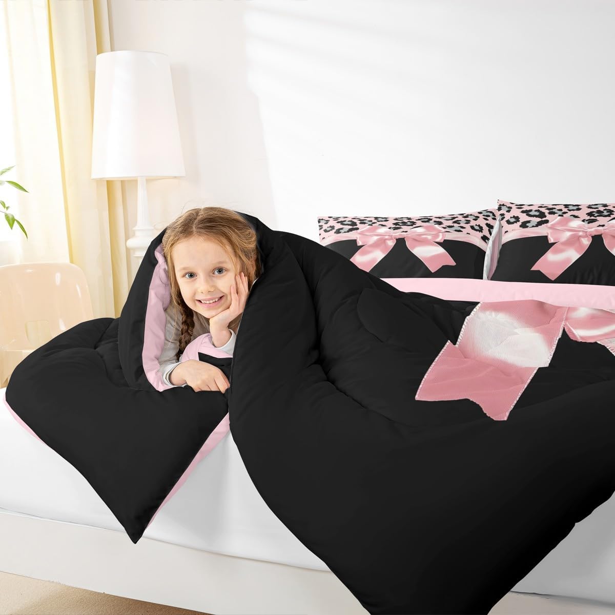 jejeloiu Pink Silk Bowknot Duvet Cover Full Size Grey Leopard Bedding Set for Kids Girls Women Black Pink Comforter Cover Set Sweet Romantic Bedspread Cover 3Pcs
