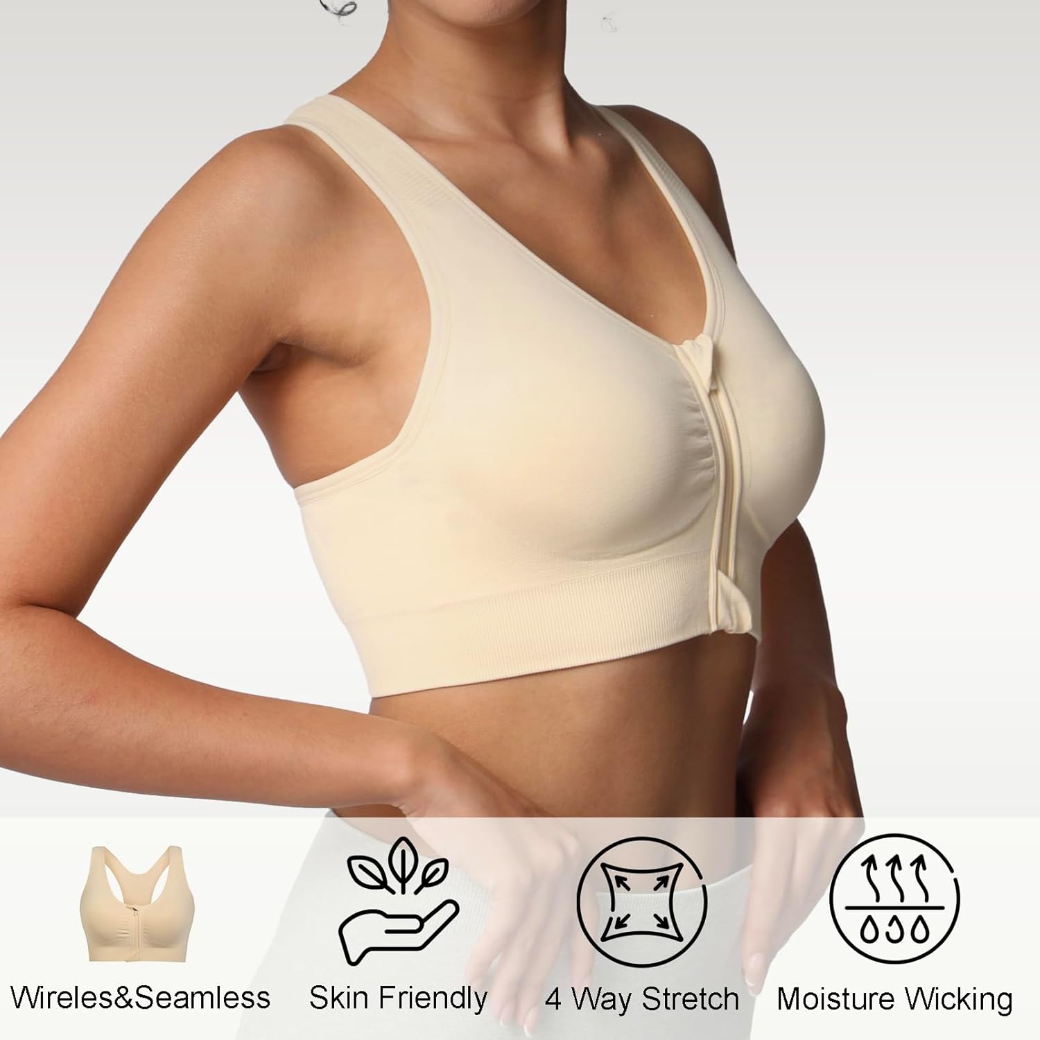 Lemef Front Zipper Sports Bras for Women Wirefree Post Surgery Bra Front Closure Racerback Compression Mastectomy Bras - Image 5