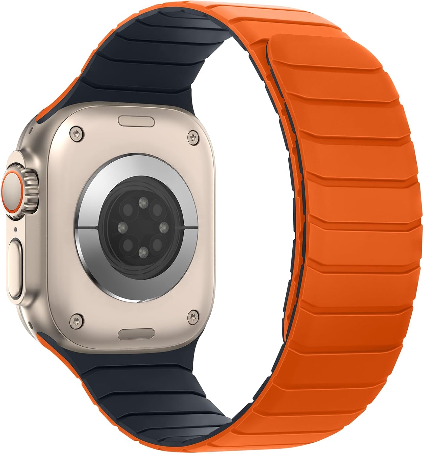 Tasikar Magnetic Bands Compatible with Apple Watch 49mm 46mm 45mm 44mm 42mm Soft Silicone Replacement Loop Wristband for iWatch Ultra 3 2 1 SE Series 11 10 9 8 7 6 5 4 3, Orange-Midnight image 2