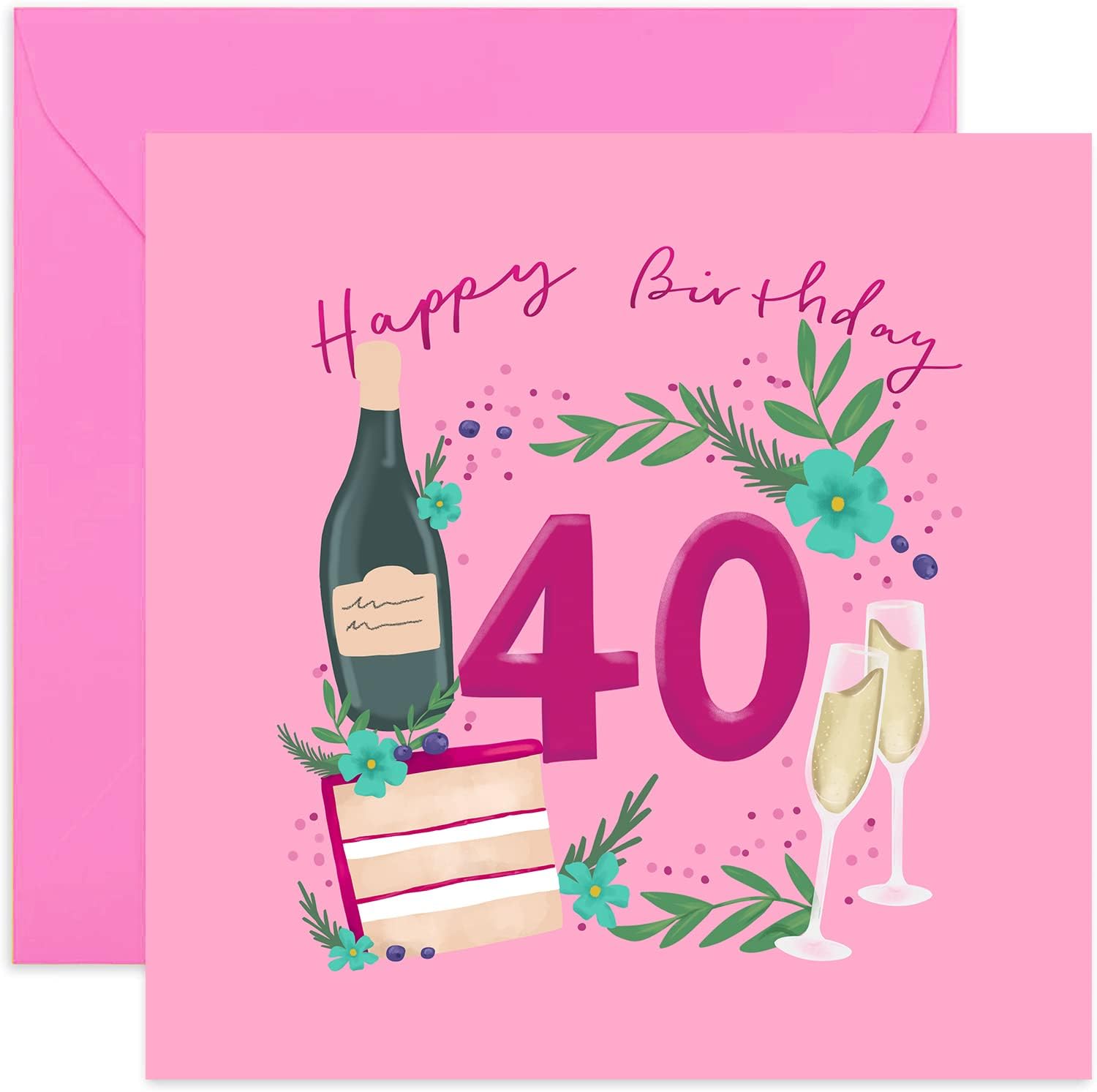 Old English Co. 40th Birthday Bubbles and Cake Card - Champagne Celebrations Feminine Card for Her | For Women, Sister, Mum, Auntie, Friend | Blank