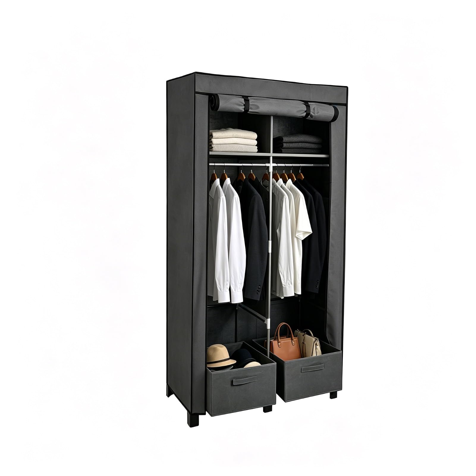 BREEZENEST Foldable Fabric Closet for Bedroom Canvas Portable Closet Storage Organizer Dust-Proof Fabric Wardrobe for Bedroom Dorm & Cloakroom with Reinforced Metal Frame 170×45×85cm Grey
