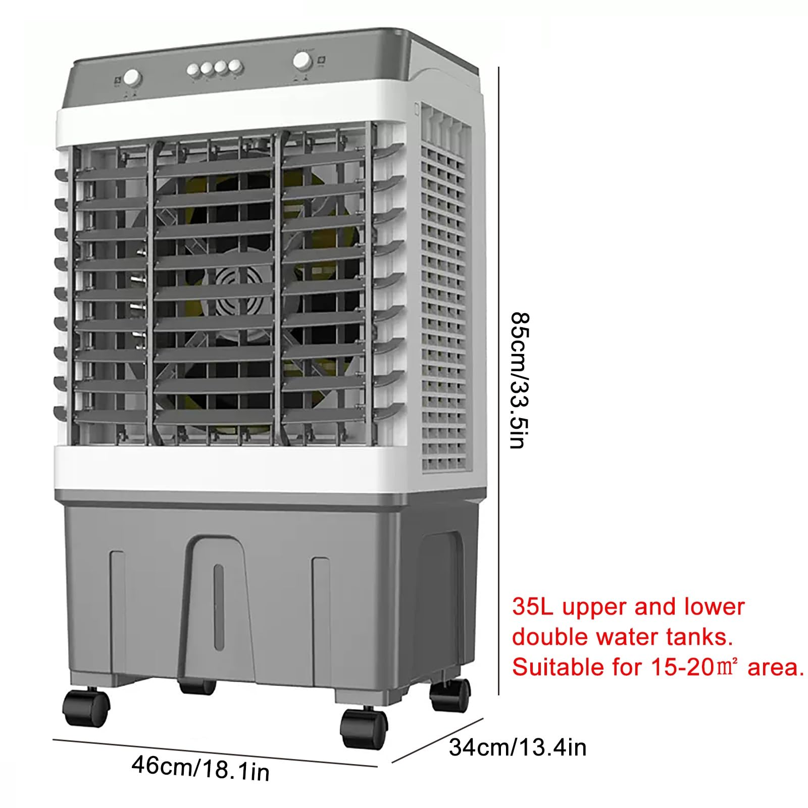 Enfriador de aire evaporativo portátil, volumen de aire de 23000 m³/h, oscilación de 120°, depósito de agua de 35 L/50 L para refrigeración comercial, de oficinas y doméstica (46 x 34 x 85 cm).