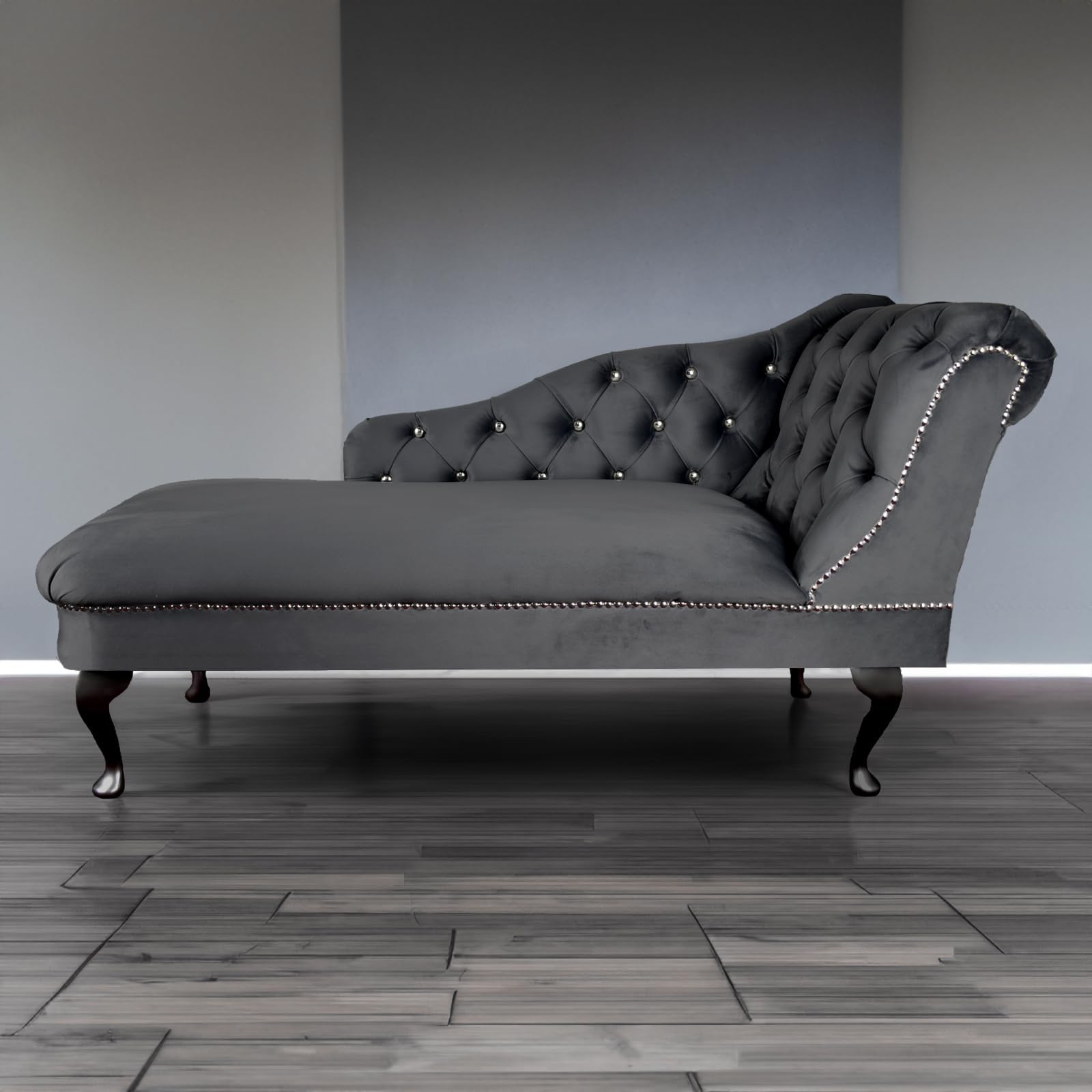 – RegentTufted Chaise Lounge Sofa & Seating Handmade Velvet Living Room Bedroom Hallway Black Accent Chair (Right Hand, Grey)