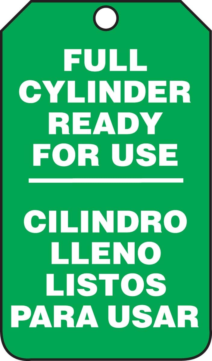 Accuform SBMGT203PTP Spanish Bilingual Cylinder Status Tag, Full Cylinder Ready for USE/CILINDRO LLENO LISTOS para USAR, 5.75" x 3.25" x 0.015" Thickness, RP-Plastic, White on Green (Pack of 25)