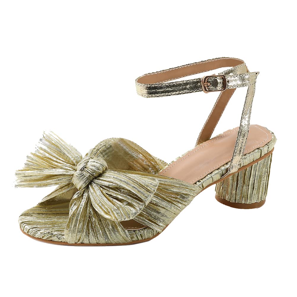 TscoyukiWomen's Pleated Bow Knotted Heels Sandals, Wedding Ankle Strap Open Toe High Block Chunky Heel Evening Party Dress Pumps Shoes