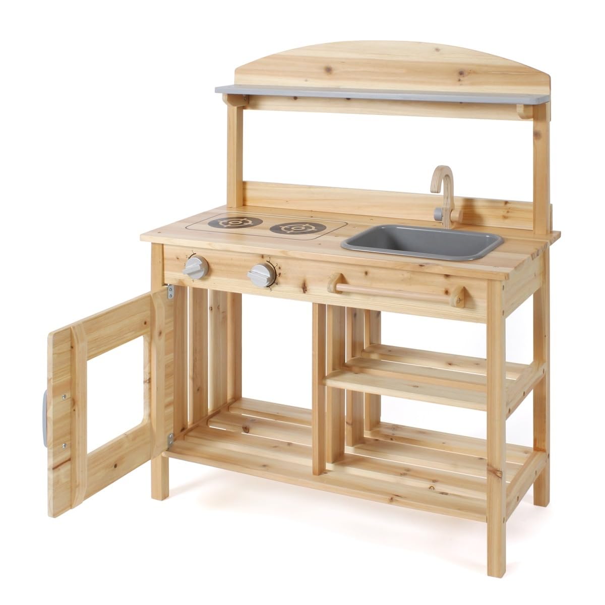 Bayer Chic 2000 Matschküche, unbehandelt, vollmassives Holz, Outdoor-Kinderküche, für Kinder ab 3 Jahren, Naturholz | Robuste Outdoor-Spielküche für Kinder ab 3 Jahren. Mit Kochfeld, herausnehmbarem Spülbecken, Wasserhahn und viel Stauraum