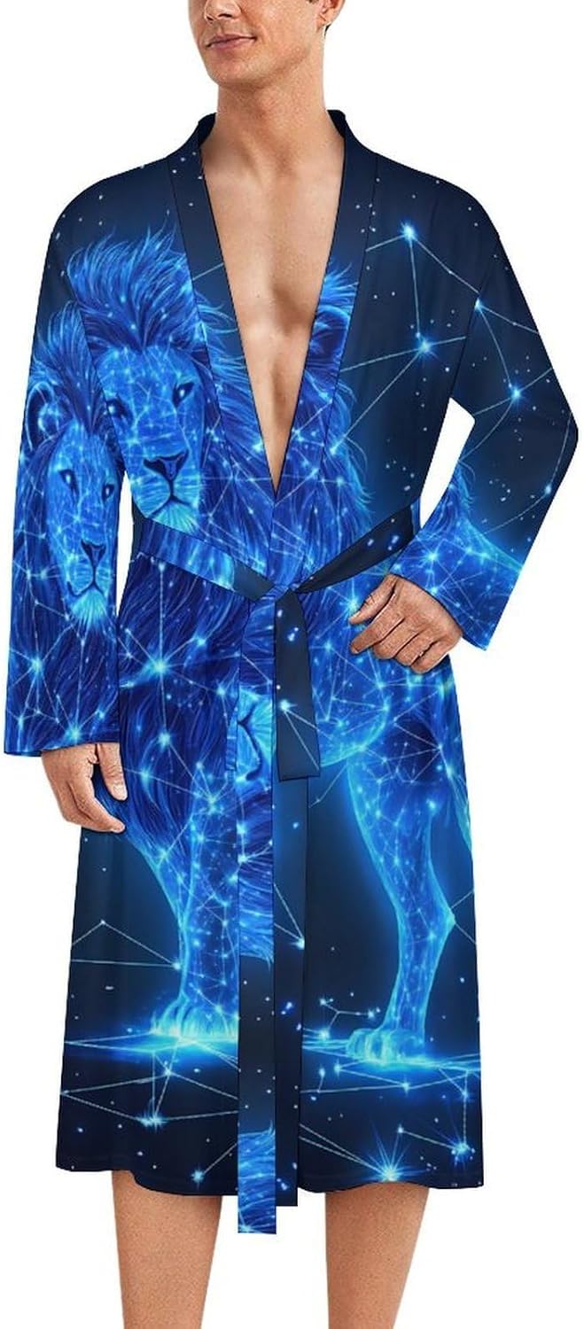 Leo-constellations Liones Men's Robe Soft Bathrobe V Neck Loungewear Sleepwear Nightgown Dressing Gown