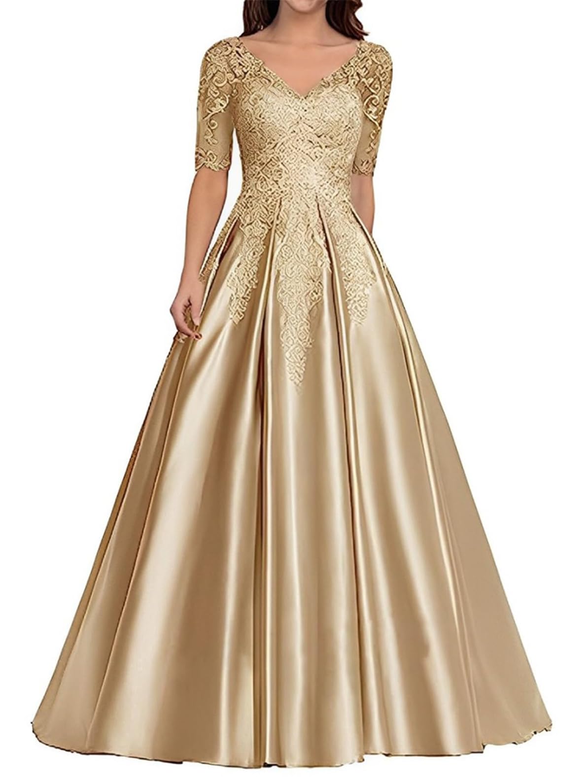 WSEYU Lace Applique Mother of The Bride Groom Dresses Satin Short Sleeve Formal Evening Grandmother Gowns ZMKI424 Champagne UK10
