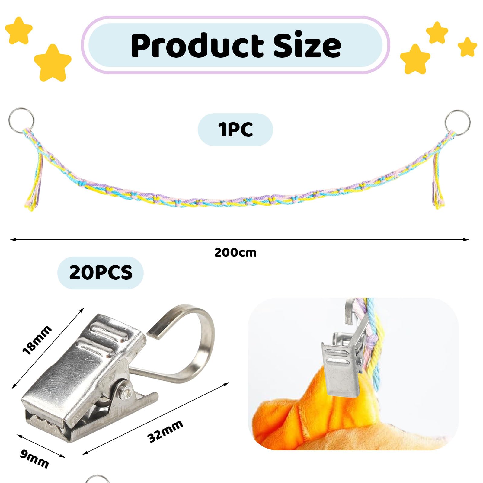 Rangement Peluche - 2M Corde Tressée à La Main Avec 18 Clips