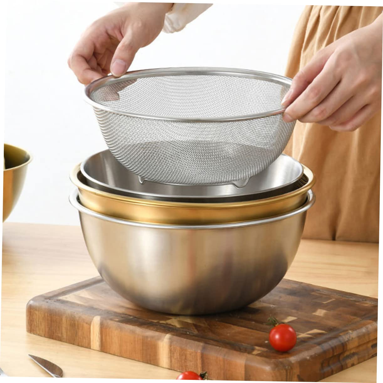 Juego de Colador de Acero Inoxidable para Cocina, 2 Piezas | Malla Fina, Base Plana y Drenaje Estable, Apto para Verduras y Huevos, Acabado Plata
