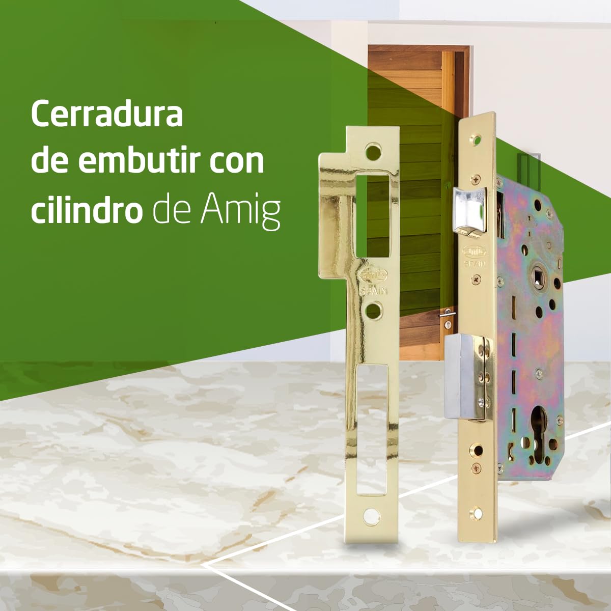 Amig - Cerradura de Embutir con Cilindro de Seguridad y Bocallave + 5 Llaves - Para Puertas de Madera de Entrada - De Acero Latonado - Picaporte Reversible - Para Manillas de 8 mm