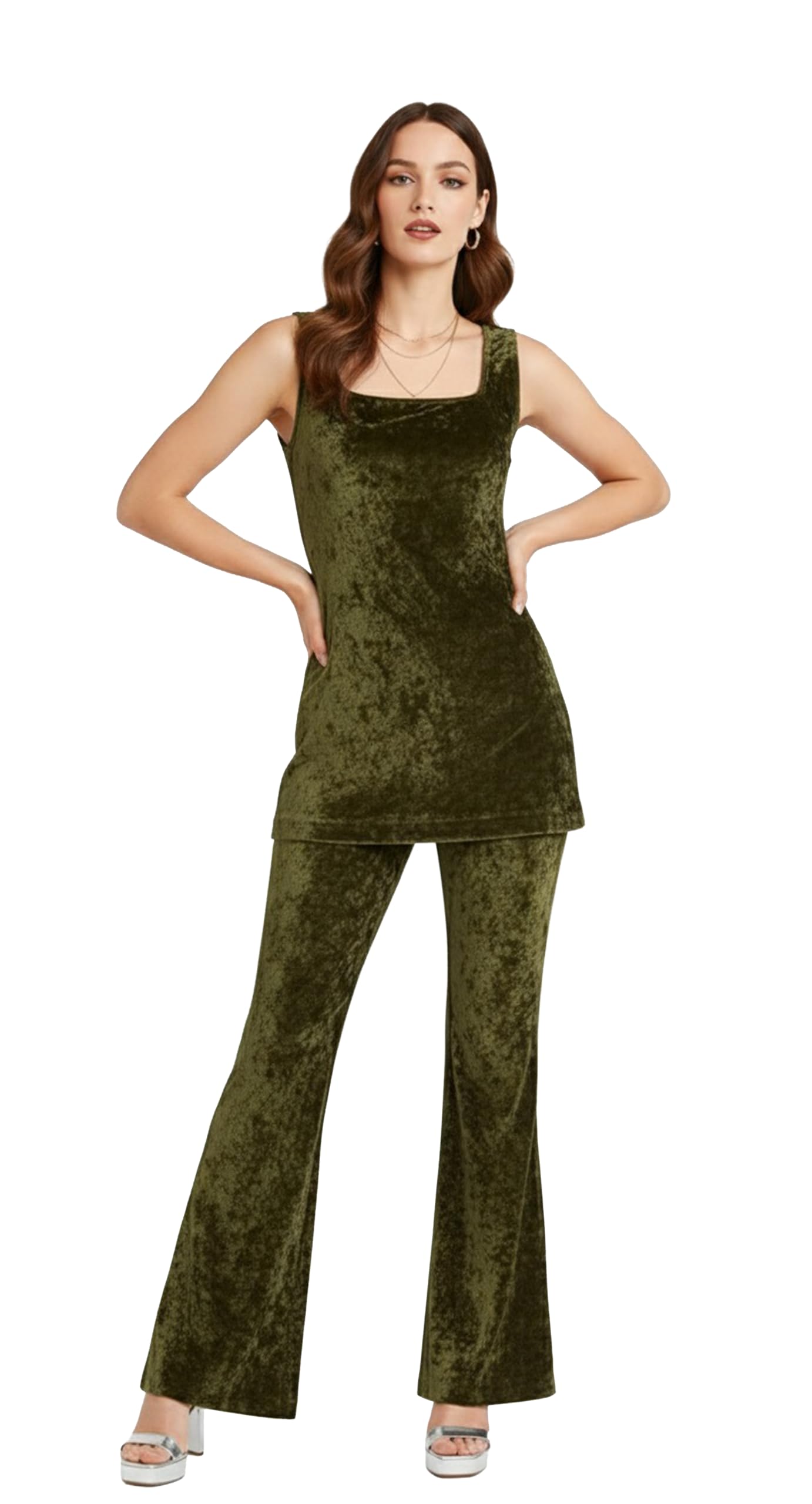 junglybilli Women Crushed Velvet Co-Ord Set sleeveless Square Neck Tunic Top & Flared bellbottom Pant Korean Style 2 Piece Set-picture-33