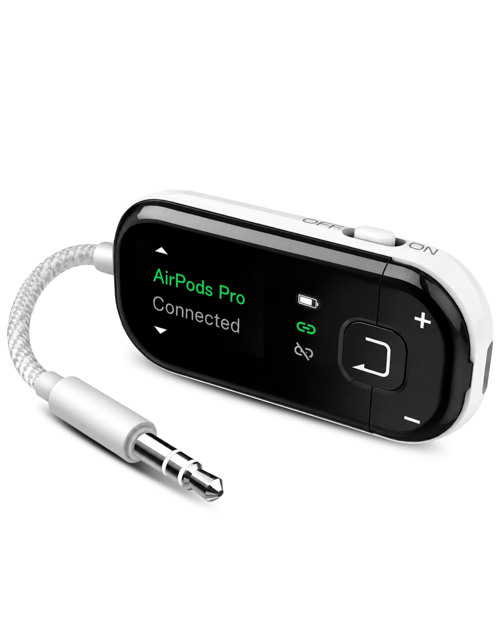 Avantree Voyager – Bluetooth 5.4 Adapter fürs Flugzeug mit Auracast & OLED Display, Qualcomm Chip, aptX Adaptive – Kabelloser Audio-Transmitter mit Klinke für Kopfhörer & AirPods auf Reisen
