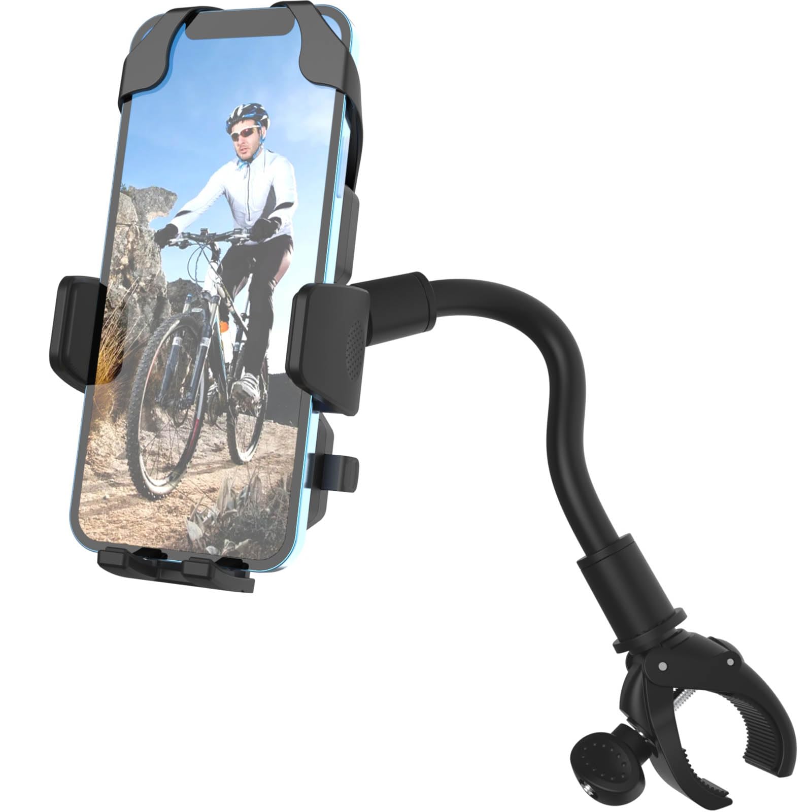 Cuxwill Bike Phone Holder - Goosencek Motorcycle Cell Phone Mount - Handlebar Fit Bicycle, Moto, Peloton, Treadmill, Mic Stand, Scooter, Stroller - Mount for All iPhone & 4-7" Smartphone
