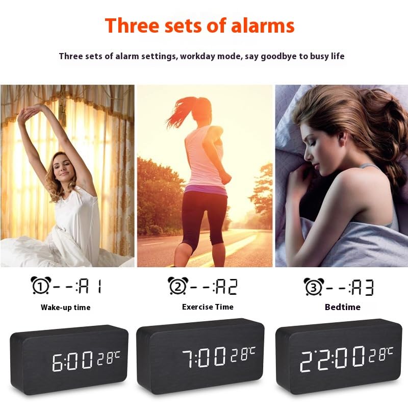 Battery Powered Digital Clock for Bedroom and Living Room Decor, Nightstand Clock with Voice Control Function Dual Display Time(12/24h) and Temperature(°C/°F), Office Wood Décor (Black) - Image 4
