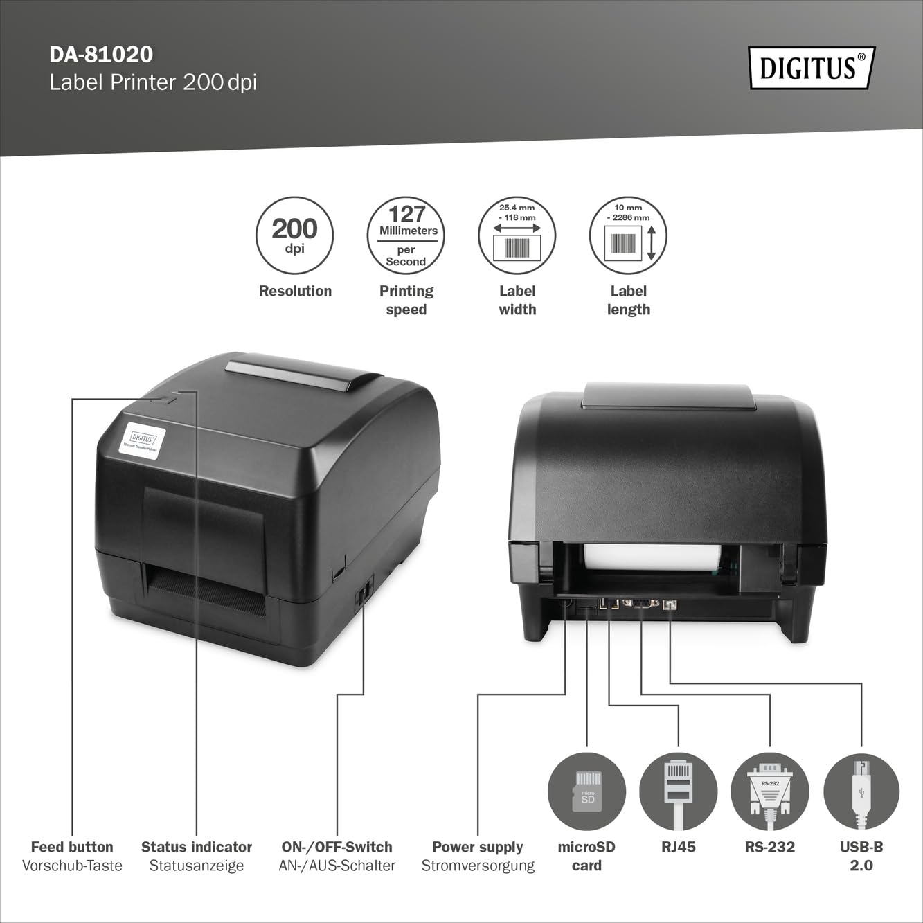 DIGITUS Stampante per etichette a trasferimento termico - 200 DPI - termica diretta - velocità di stampa 127 mm/s - porte USB 2.0, RS-232, Ethernet - lettore di schede SD