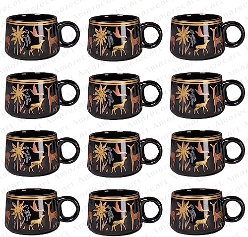 Image of Alive Black with Metalic Transfer Work Tea & Coffee Cups Set of 12 Pieces (120 ml),Multi-Color