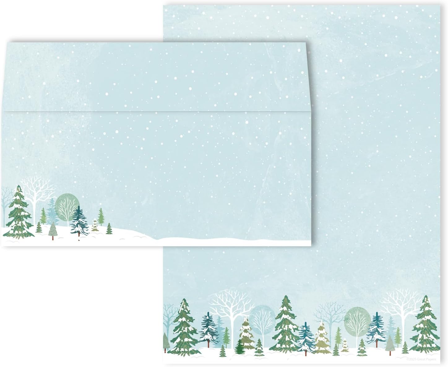 Winter Trees Holiday Letterhead With Envelopes / 40 Decorative Holiday Tree Paper Sheets With Matching Envelopes / 8.5" x 11" Watercolor Snowy Christmas Forest Stationery