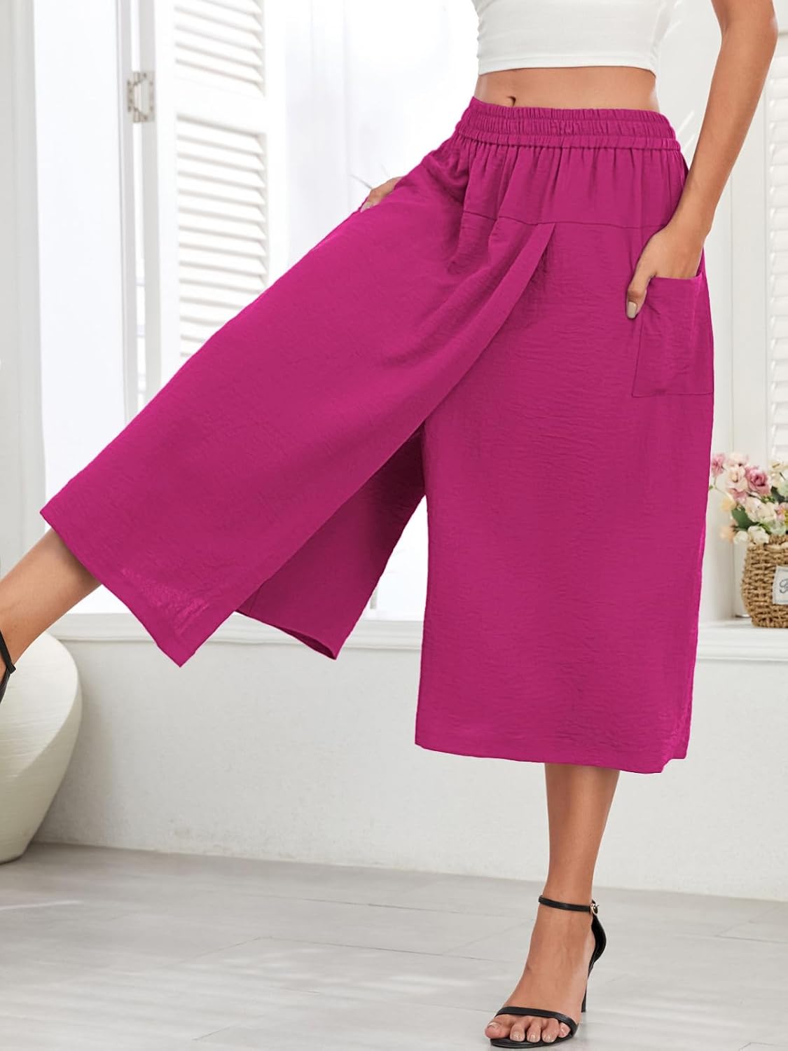 lionstill Culottes for Women Wide Leg Capri Pants with Skirt Overlay Pockets Flowy Palazzo Pant