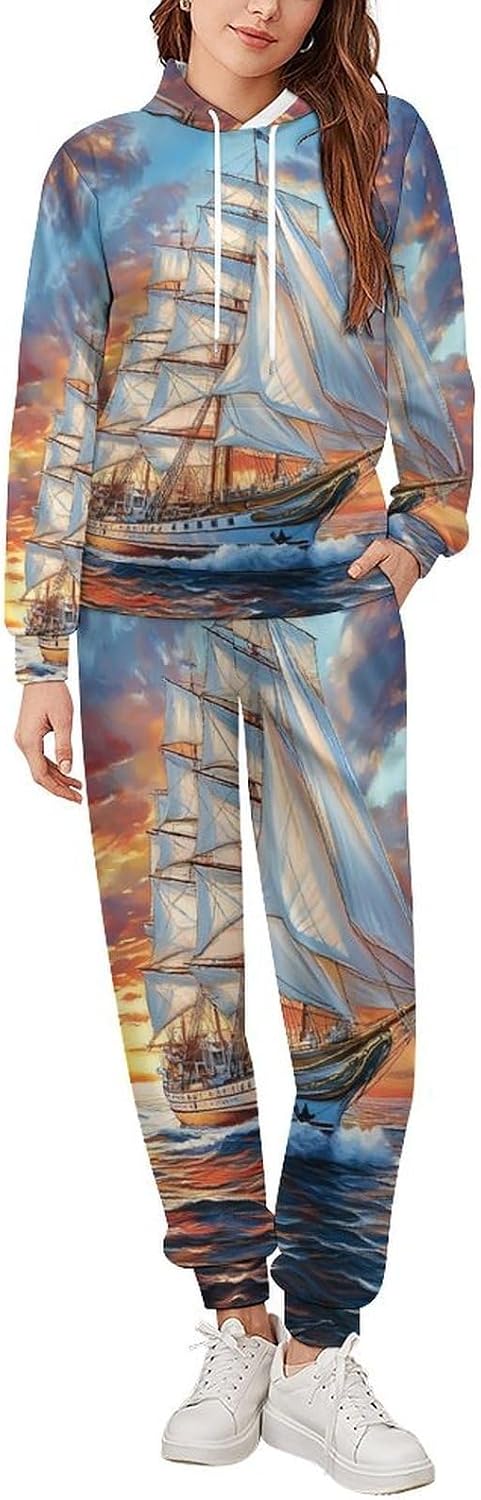 Sunset Sailboat Men's Hooded Set Casual 2 Pieces Suits Pullover Tracksuit Hoodies And Sweatpants
