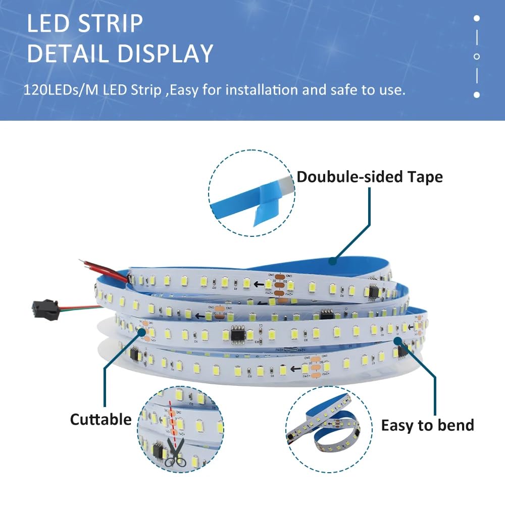 WS2811 2835 120Led/m Luce Fluviale Simulazione di Corsa di Cavalli, Striscia LED con Luci Pixel, Banda DC24V Flessibile, Bianco Freddo + Controller Wireless + Alimentazione Inclusa (Set da