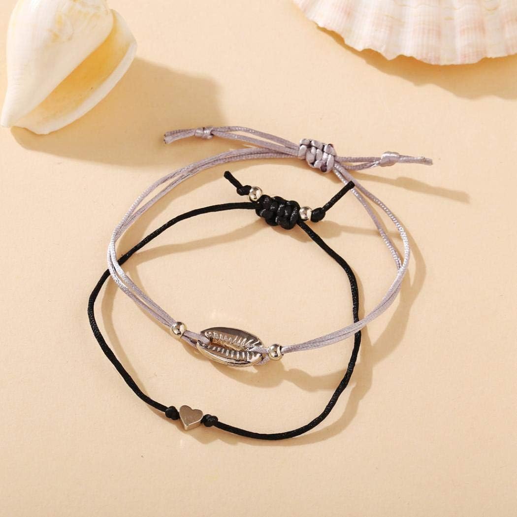 Yienate Beach Simple Alloy Shell Love Bracelet Hand Woven Cord Silver Bracelet Set for women and girls(2 pcs) - Image 5
