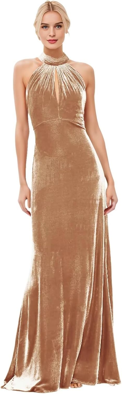 Velvet Halter Bridesmaid Dresses for Women Long Fall Wedding Guest Dress Bodycon Formal Gown