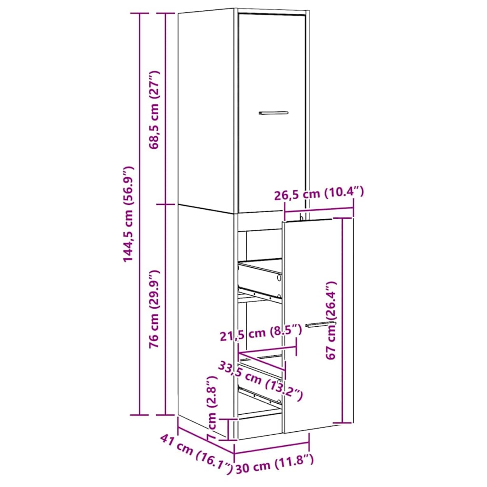 Armadietto per farmacie, in legno, 30 x 41 x 144,5 cm, in rovere Artisian, con 4 cassetti robusti, per casa e ufficio
