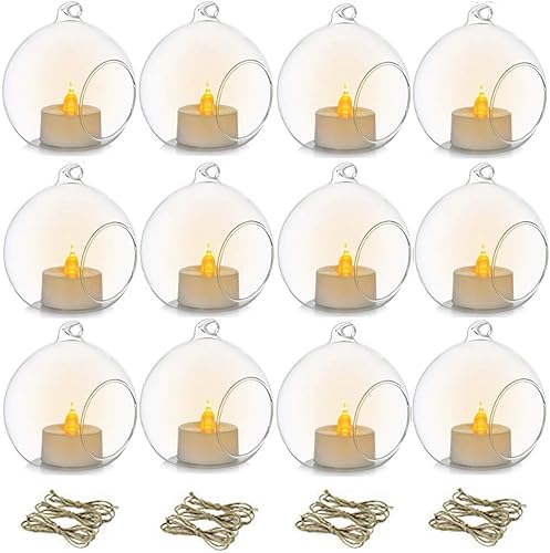 Miniatura 8 de 12 portavelas de cristal colgante con velas LED, globos de vidrio colgantes de 2.36 pulgadas, recipientes de vidrio colgantes de terrario para