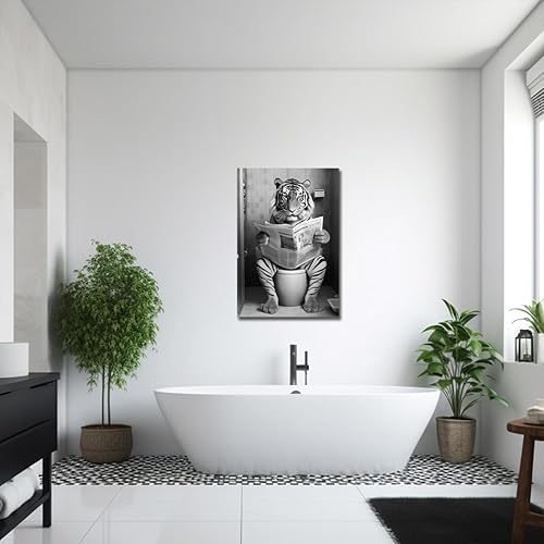 Miniatura 5 de LZIMU Divertida decoración de pared de baño, diseño de tigre sentado en el inodoro, leyendo periódicos, pósteres enmarcados de animales en blanco y