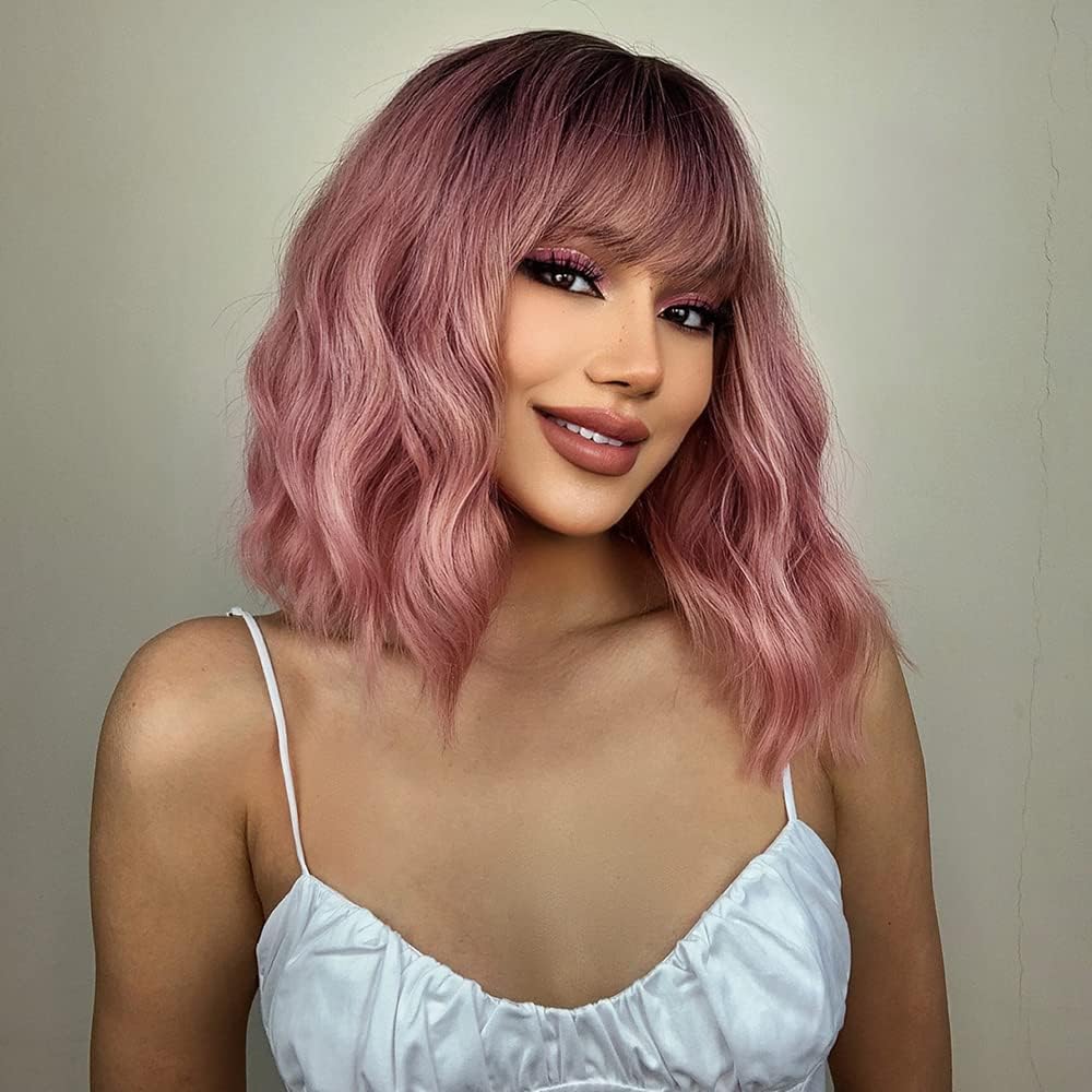 Heat Resistant Pink Short Bob Wigs Human Hair Dark Rooted Curly Waves for Women Breathable Lightweight with Natural Bangs (Gradient pink,14inch)