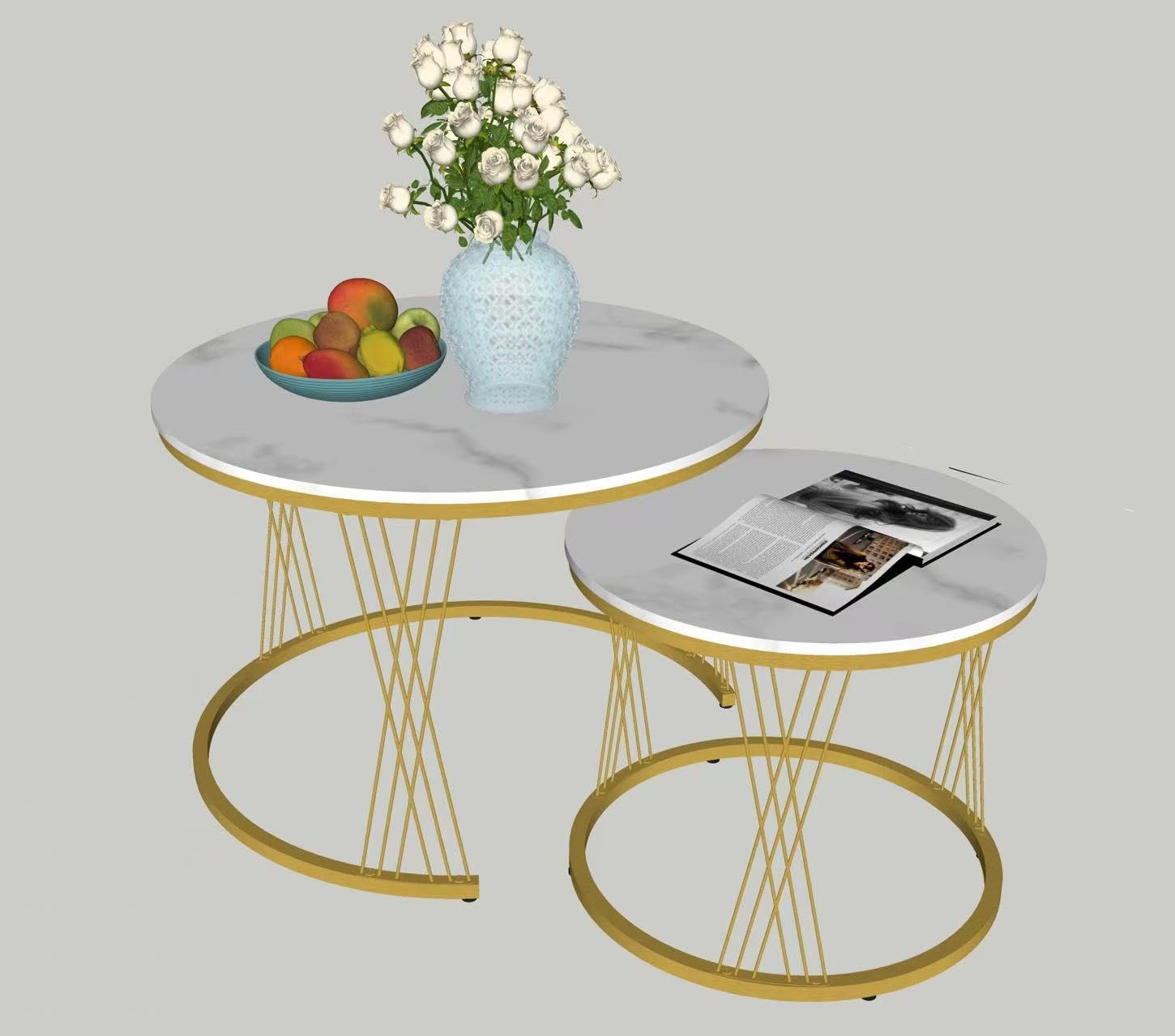 AT-VALY 27.5 Inch Round Nesting Coffee Table Set of 2, White Marble Look MDF Top & Gold Metal Legs, Modern End Tables