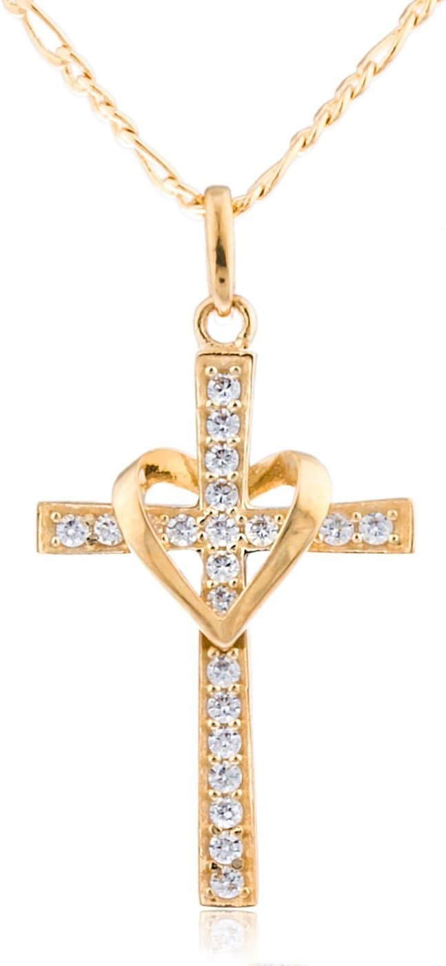 10k Yellow Gold, Rose Gold and White Gold Heart & Cross Pendant with an 16, 18, 20 and 22 Inch Gold Overlay Figaro Necklace