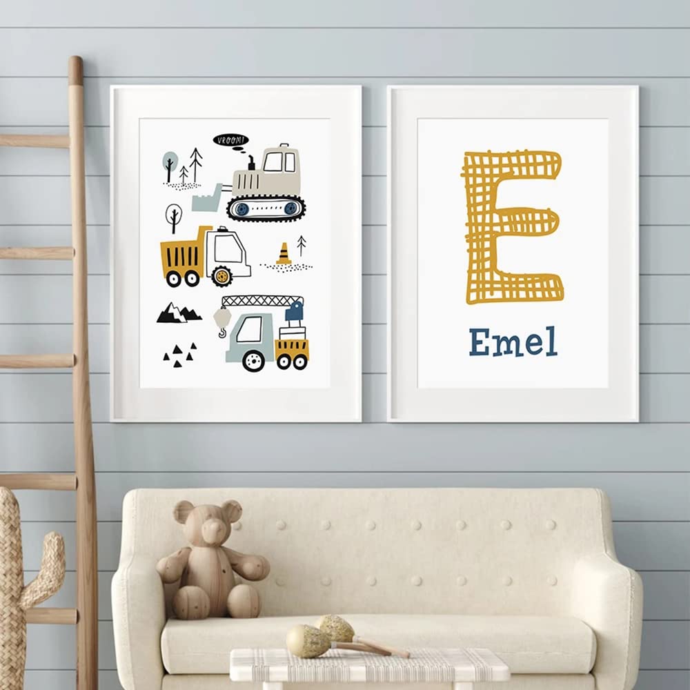 Youihom 3 Affiche Prenom Enfant Garcon 30x40cm Posters Véhicules Camions Chariot Élévateur Tracteu Cranes Voiture Tableau Chambre Enfant Mural Deco Bebe Cadeau A3 sans Cadre