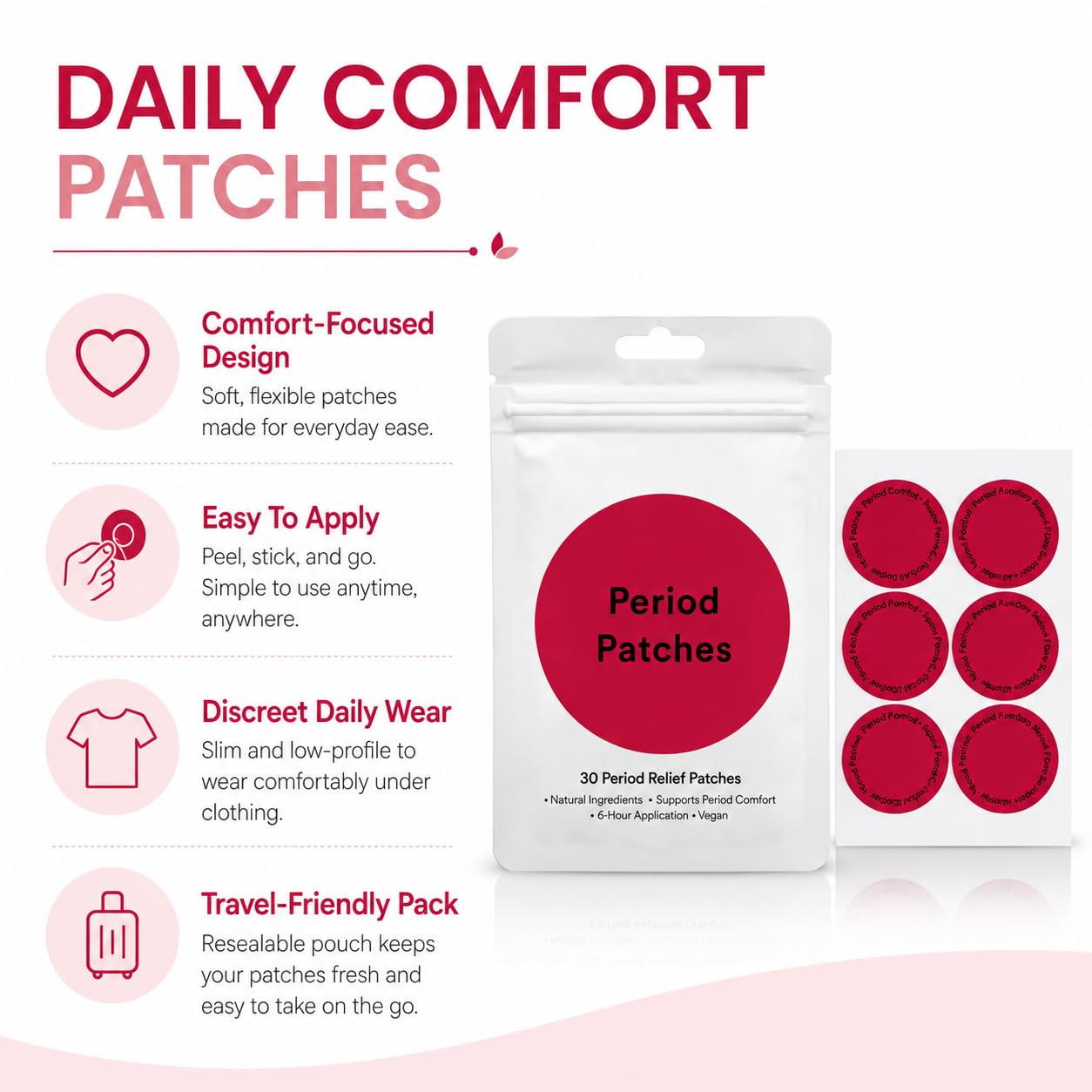 Período Comfort Patches, 180 parches de calentamiento menstrual