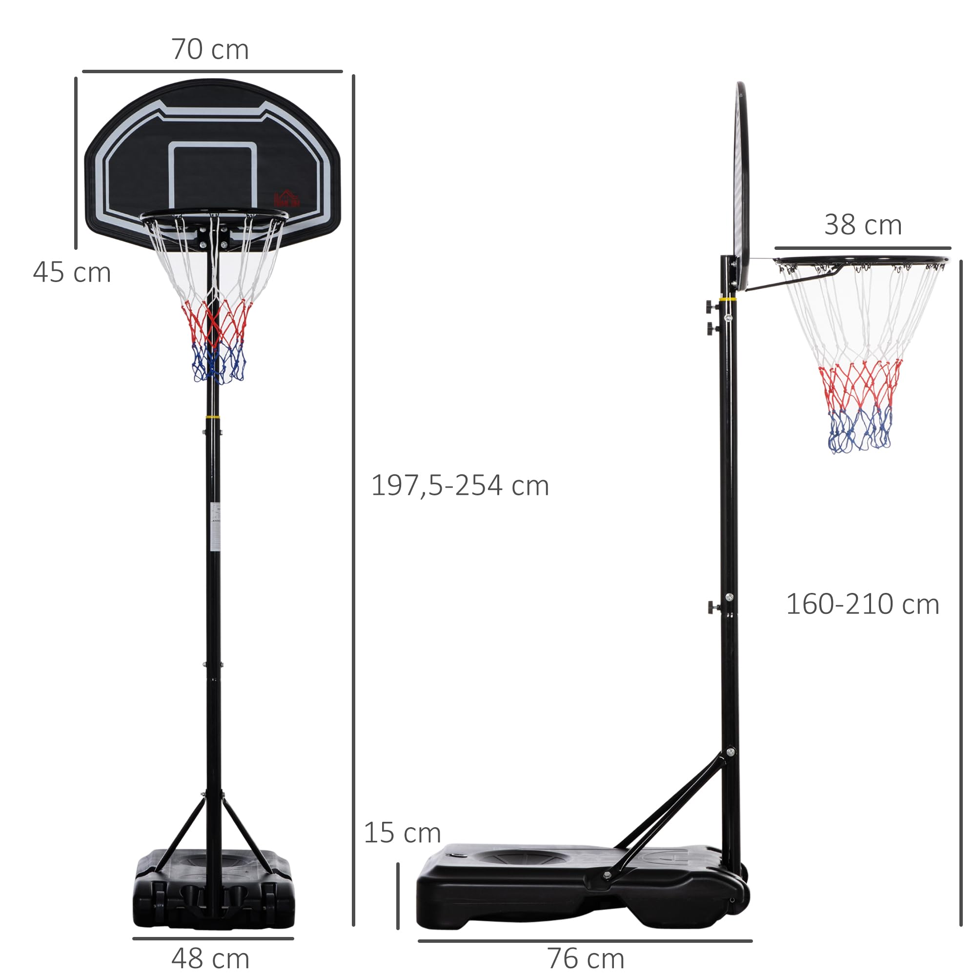 HOMCOM Panier de basket extérieur hauteur réglable 197,5-254 cm panier de basket sur pied à roulettes avec base stable remplissable d'eau ou de sable pour juniors et adultes, noir