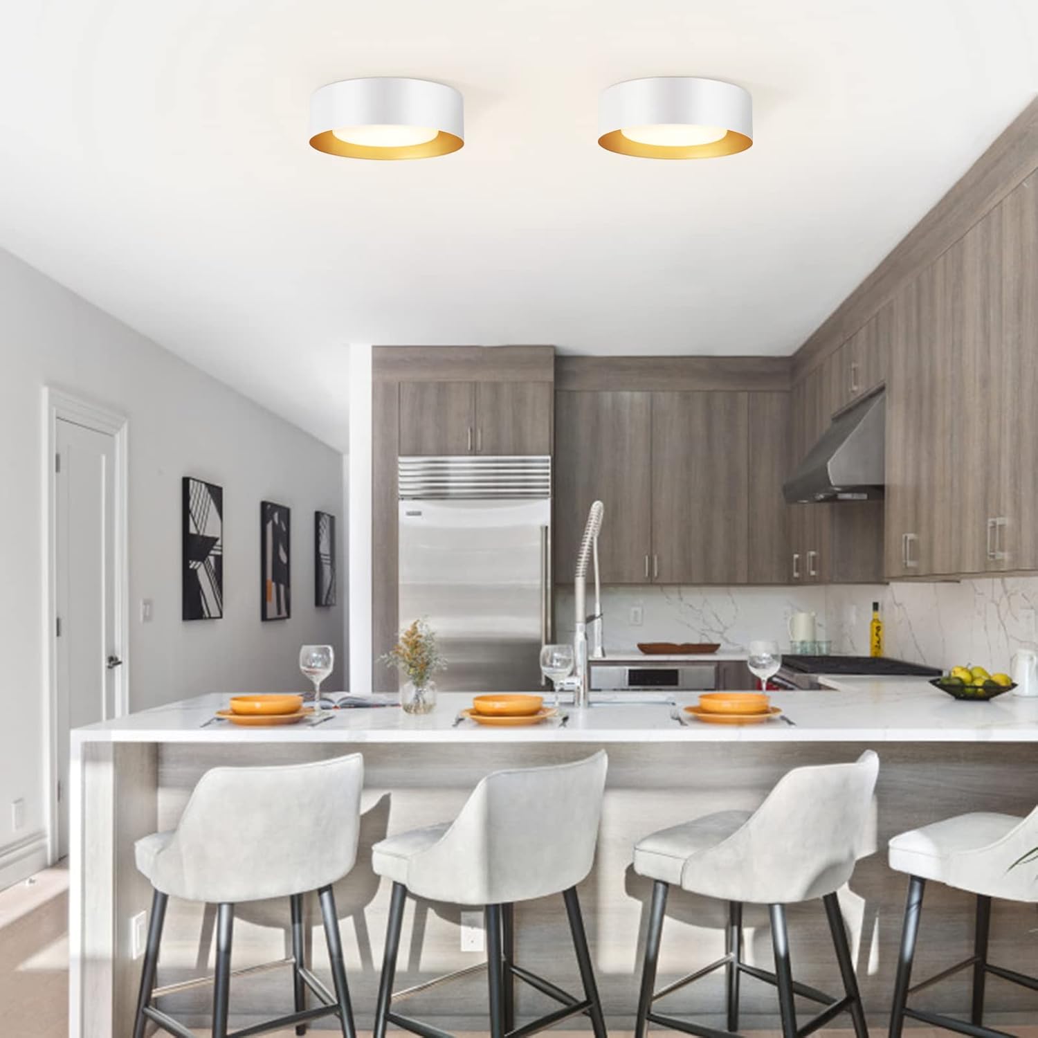 Modern White and Gold Flush Mount Ceiling Lights, Glass Round Ceiling Lighting, Minimalist Drum Close to Ceiling Light Fixtures for Bedroom, Dining Room, Bathroom, Hallways, Living Room