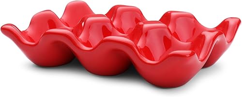 Miniatura 10 de Flexzion Bandeja de cerámica para 6 tazas, media docena de huevos de porcelana, contenedor organizador de almacenamiento decorativo para servir