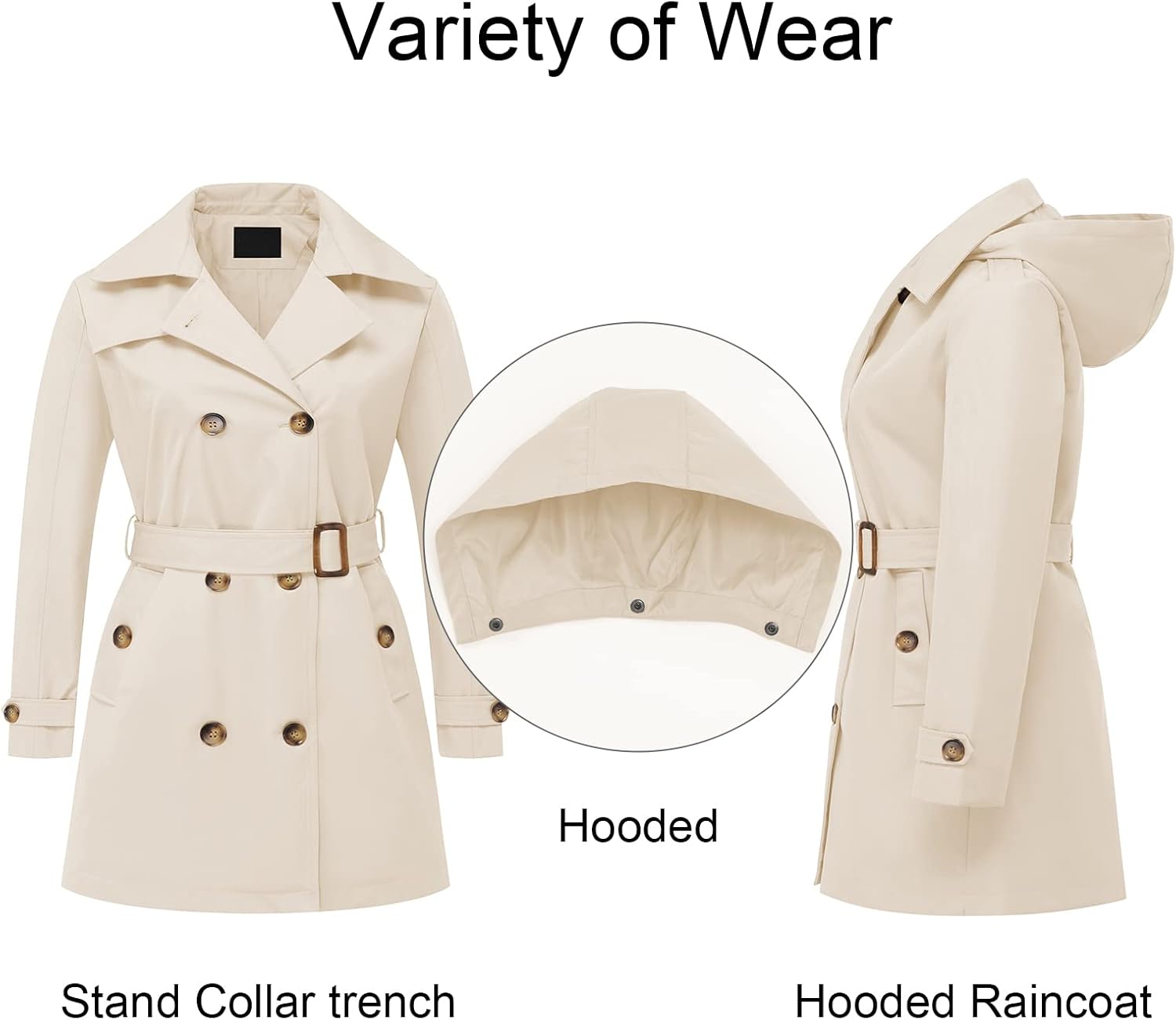 CREATMO US Women's Plus Size Trench Coat Double-Breasted Classic Lapel Overcoat Belted Outerwear Coat with Detachable Hood - Image 3