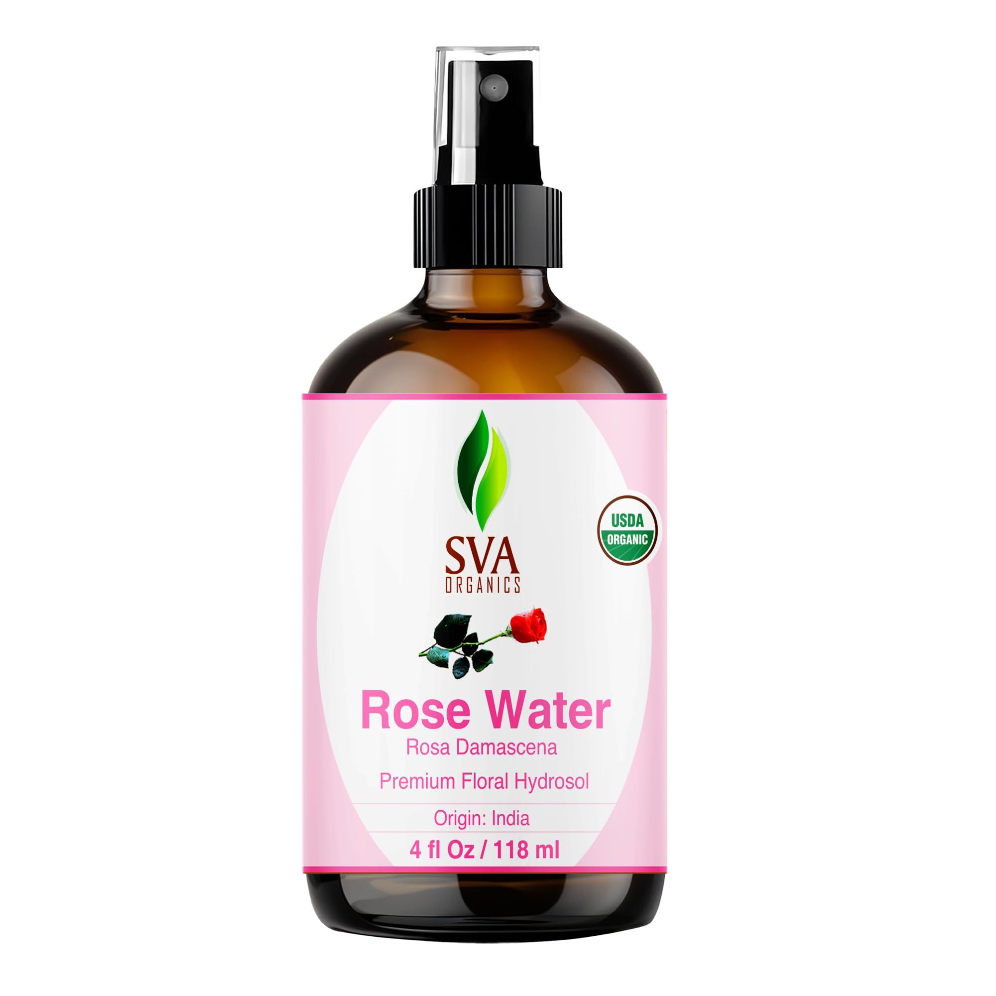 SVA ORGANICSRose Water 4oz (118 ml) Refreshing Rose Water Spray for Skin Care, Skin Hydration, Bath, Soaps, Haircare & Aromatherapy