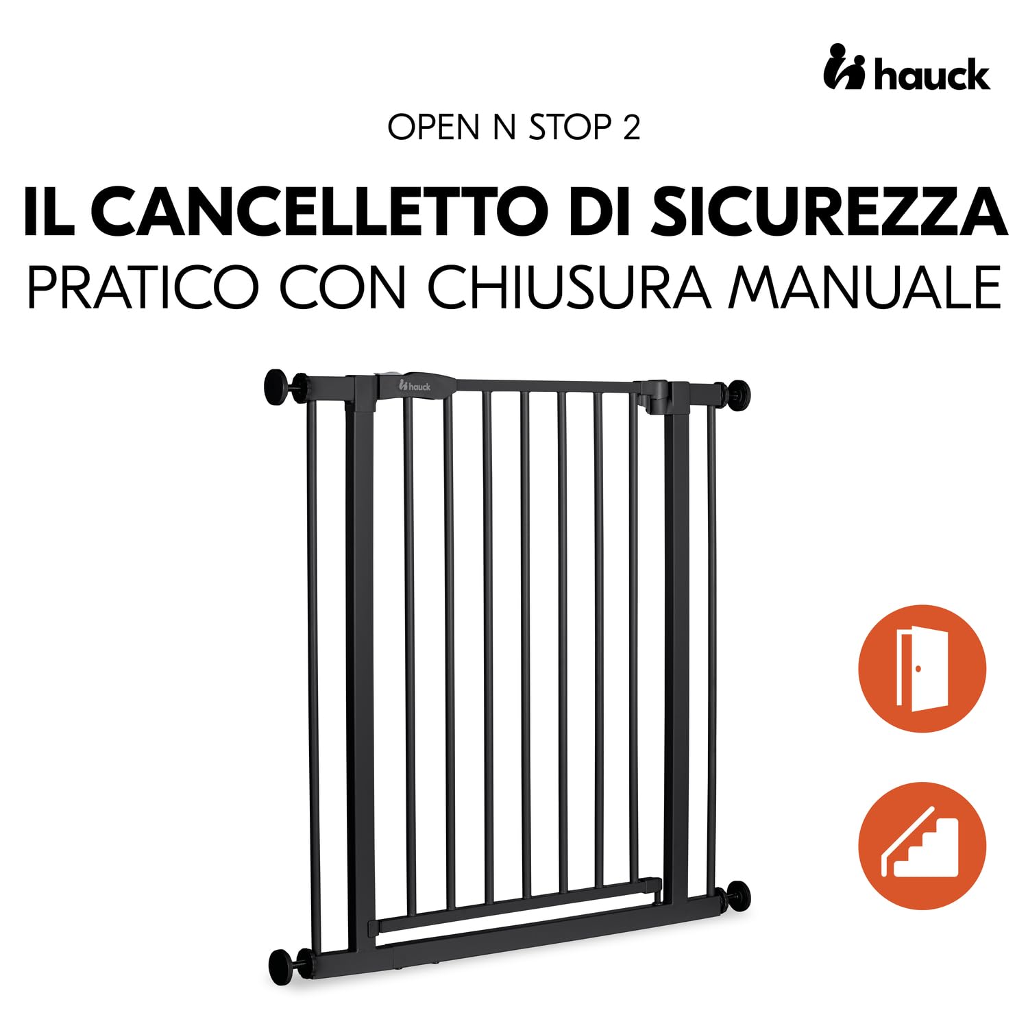 hauck Cancelletto di Sicurezza per Bambini Open N Stop 2 - Cancelletto per Bambini per aperture da 75-80 cm, Apertura con Una Sola Mano Su Entrambi i Lati, Chiusura Manuale - Metallo, Nero