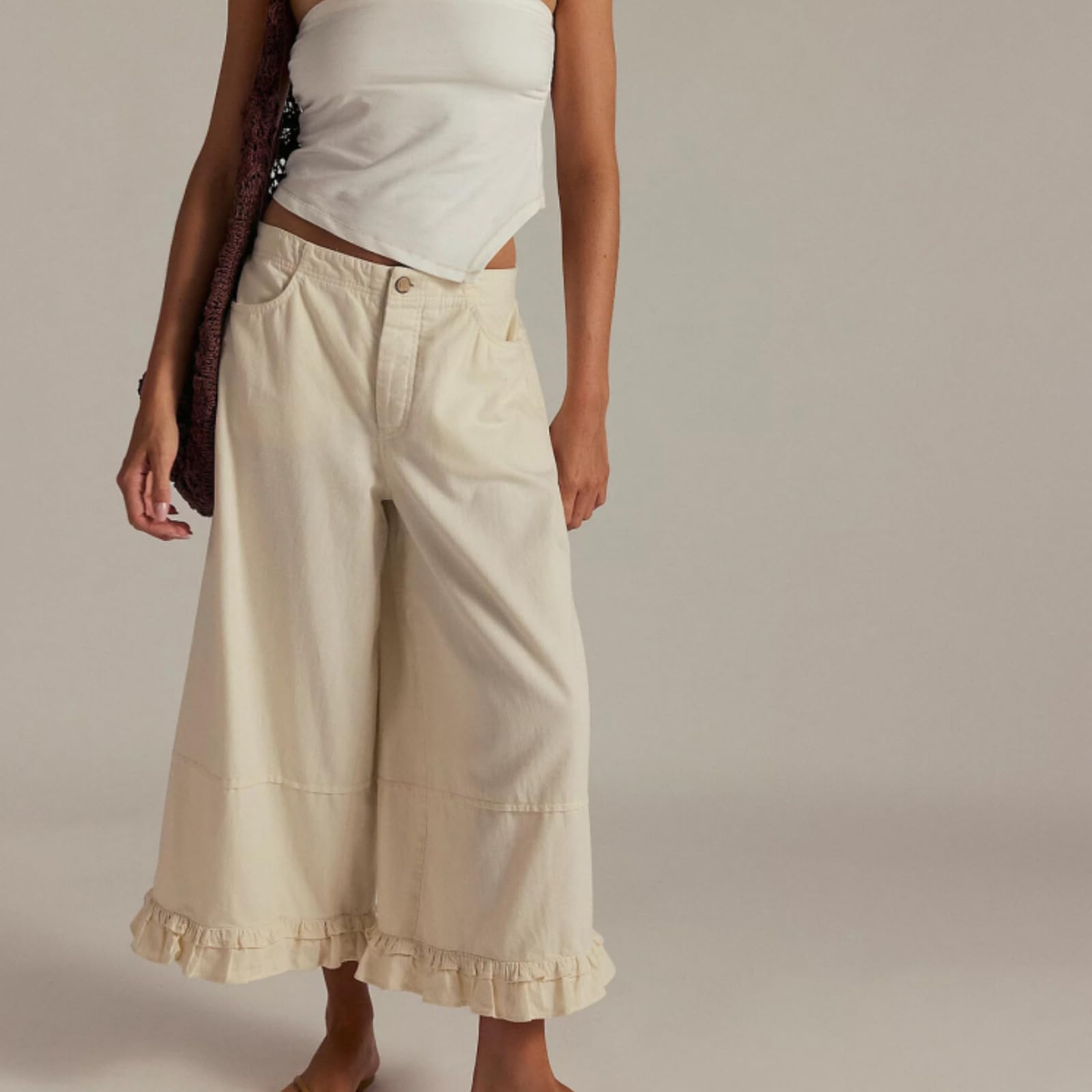 Jeans con dobladillo con volantes para mujer, tiro medio, pierna ancha, pantalones de mezclilla holgados con cintura elástica y bolsillos