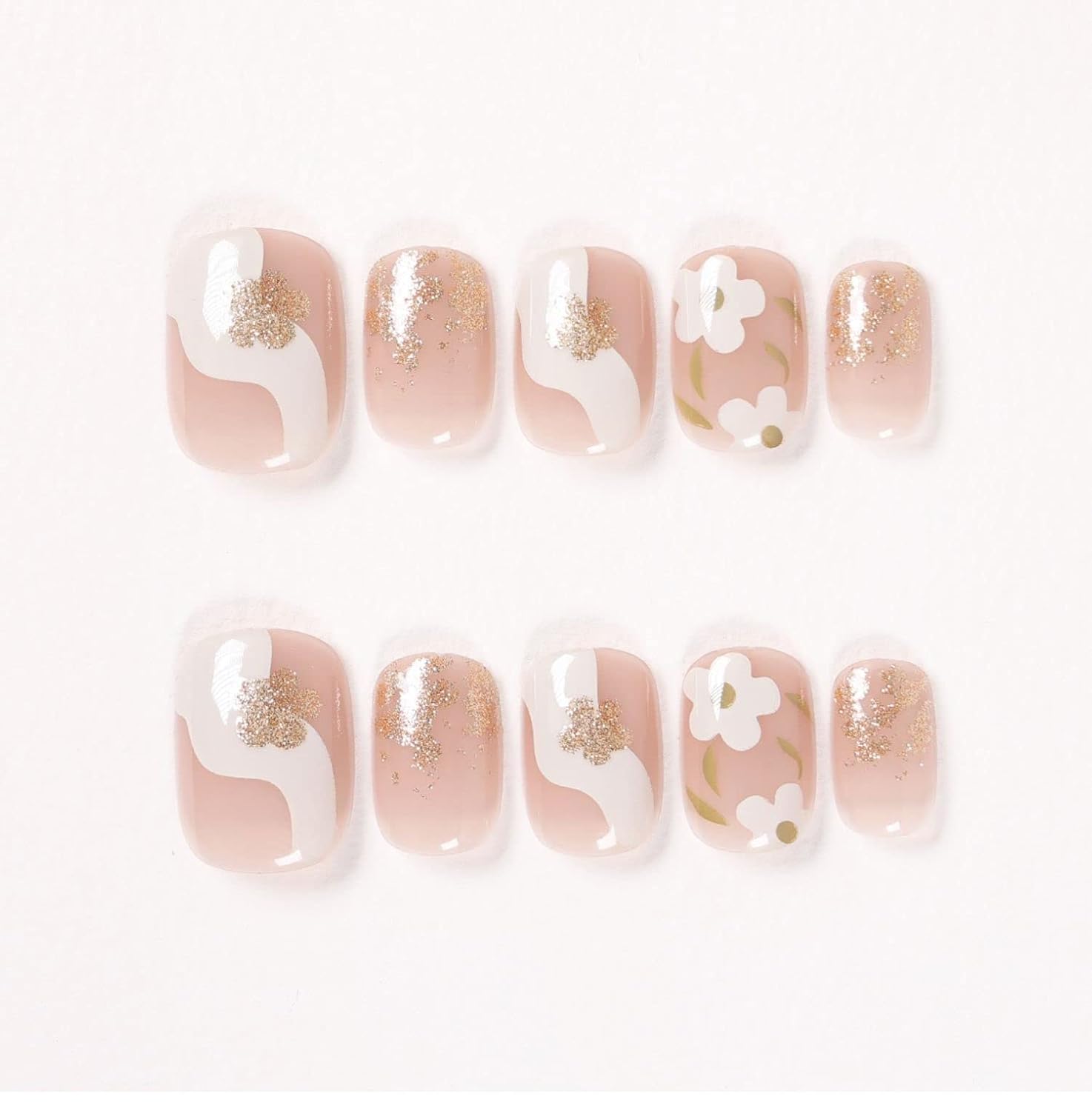 Press Nail French Tips Fake Flower Art Nails