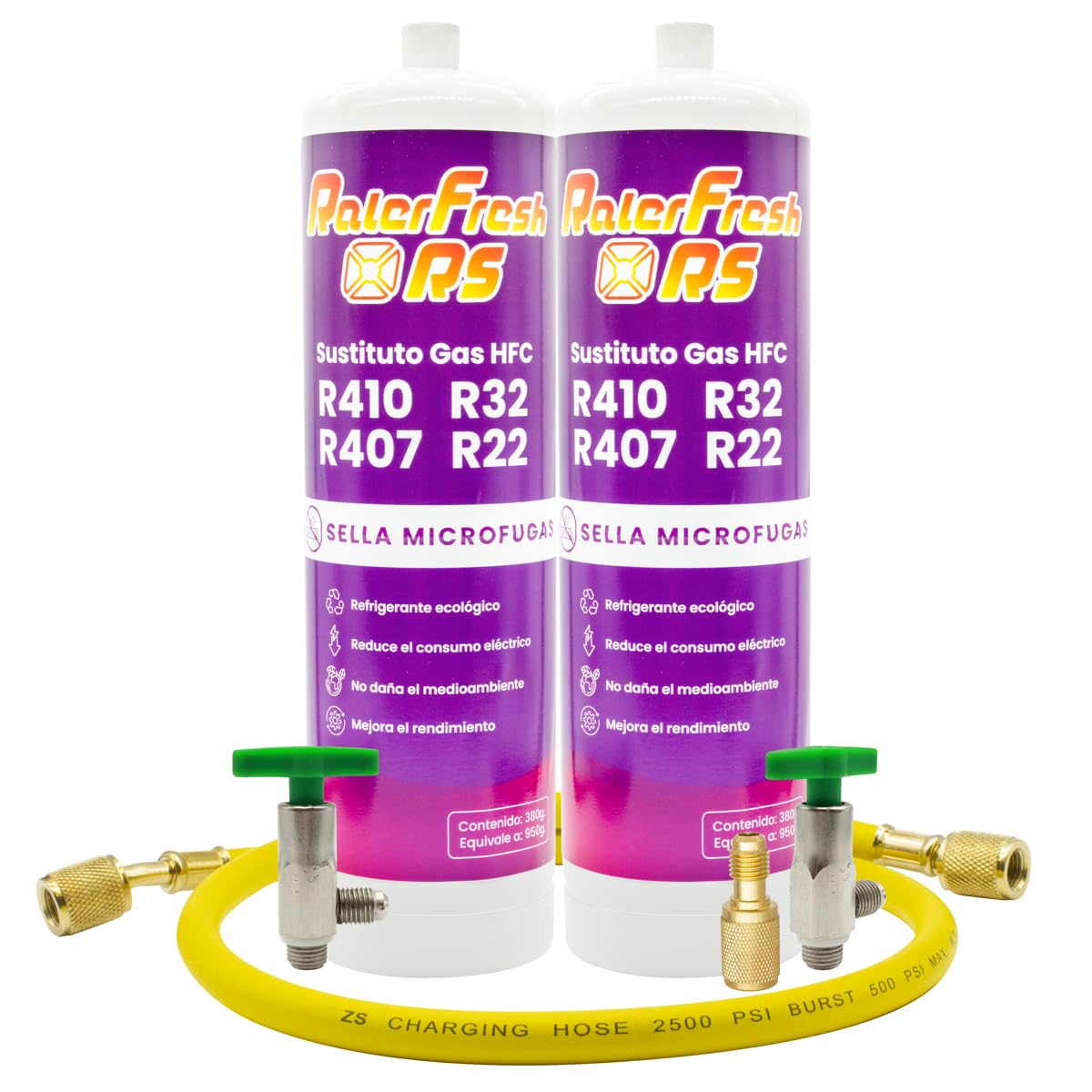 Organisches Kühlgas für Klimaanlagen Split Ralerfresh RS entspricht 950 g Gasersatz R410, R32, R407 und R22 (2 Flaschen + Schlüssel + Adapter + Schlauch)