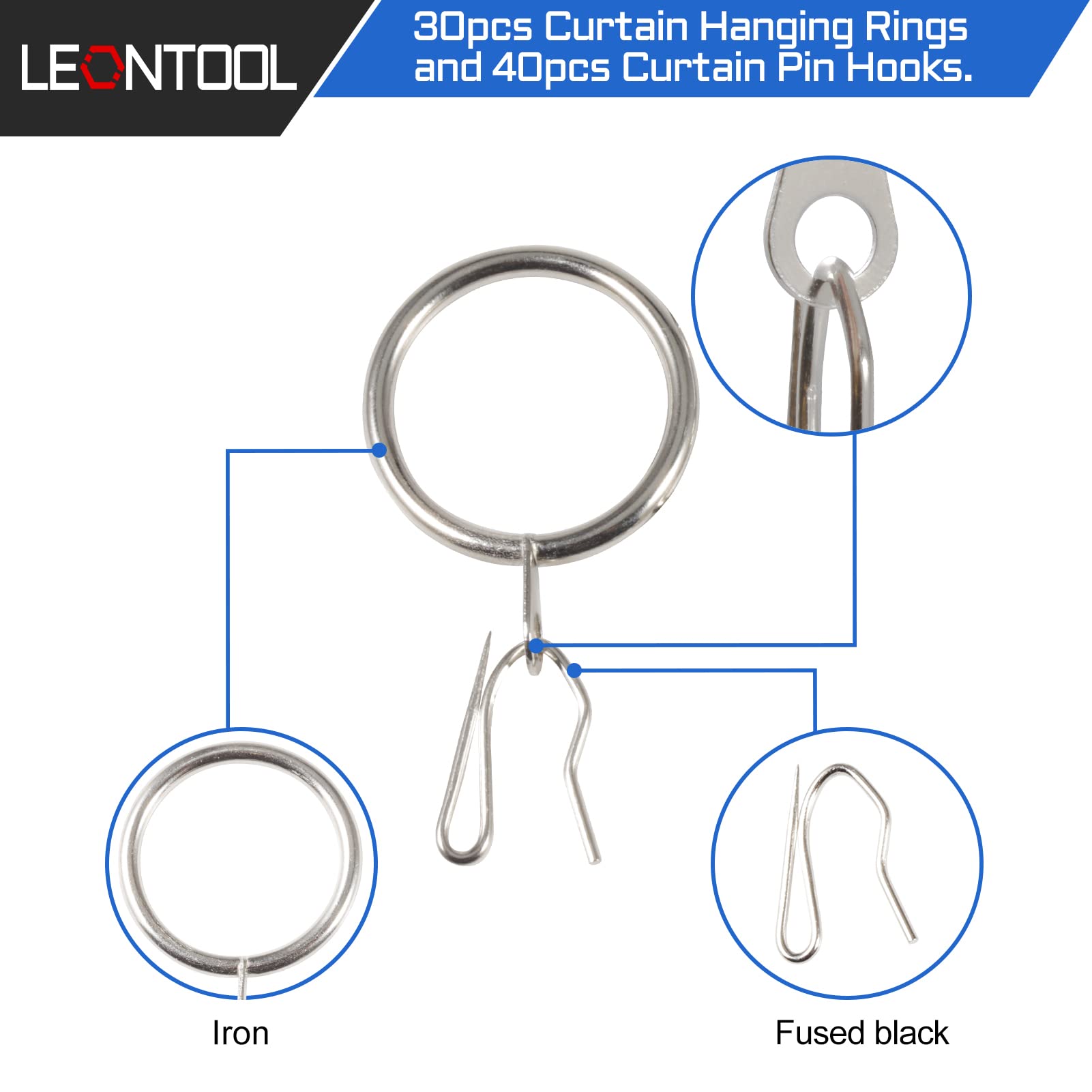 LEONTOOL 30 Pieces Metal Drapery Curtain Rings Curtain Hanging Rings and 40 Pieces Metal Curtain Hooks Drapery Hook Pins 30mm Internal Diameter Silver Curtain Drape Sliding Eyelet Rings