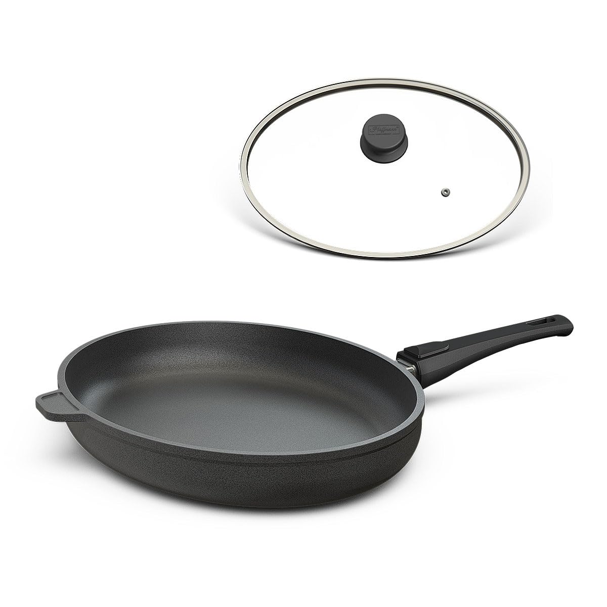 Hoffmann Poissonnière Ovale 39 x 29 cm avec Couvercle Induction I Compatible Four jusqu'à 280 C I Poêle à Schnitzel Revêtement Antiadhésif I Induction Vitrocéramique Couvercle Verre