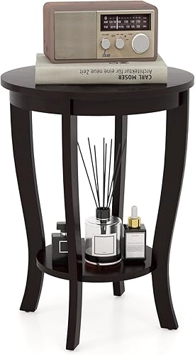 KOTEK Mesa auxiliar redonda de 2 niveles, mesa auxiliar con estante de almacenamiento, mesita de noche moderna con patas de madera de goma maciza,